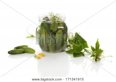 Pickles. Cucumbers in glass jar isolated on white background.