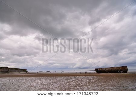 Remains Of The Mulberry Harbour In Normandy France, Europe