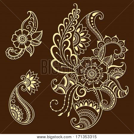 Henna tattoo flower template. Mehndi style. Set of ornamental patterns in the oriental style.