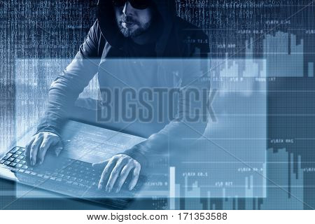 Internet concept. Hacker at work on digital background with empty head up hologram around.