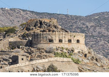 View at island of Spinalonga. Spinalonga used to be Leper colony, now it is a well known tourist destination. Crete, Greece