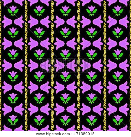 pink flowers with green leaves on a black background