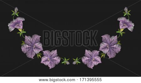 Embroidery Crewel Floral Petunia Neckline Decoration. Vector Illustration