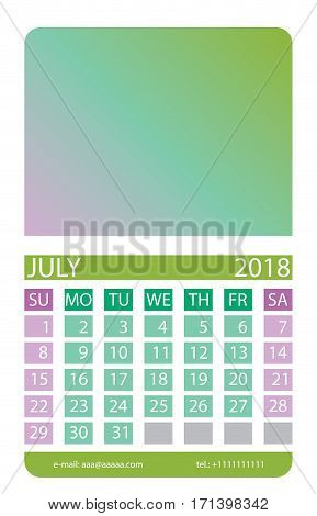Calendar grid. July. This page wall calendar. In place of the gradient field can be foredeck your image. Eps 10