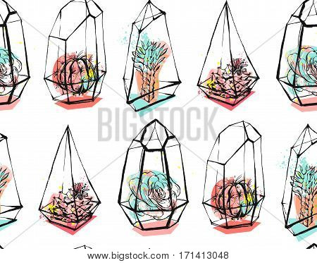 Hand drawn vector abstract seamless pattern with rough terrarium and succulent plants in pastel colors isolated on white bakground.Design for decorationfashionfabricsave the datescandinavian decor