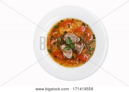 soup kharcho traditional Georgian dish white background top view isolated