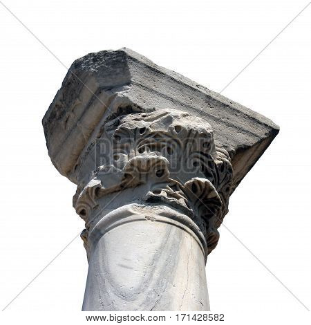 beautiful ruined marble kapitel ancient greek columnus isolated on white background