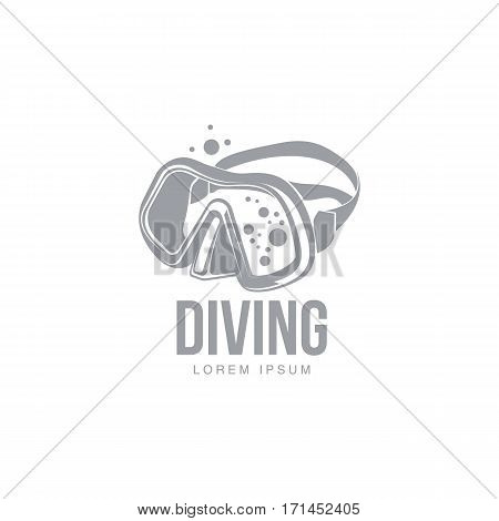 Black and white graphic diving logo template with diver mask, vector illustration isolated on white background. Scuba diving, snorkeling logotype, logo design with stylized mask, front view