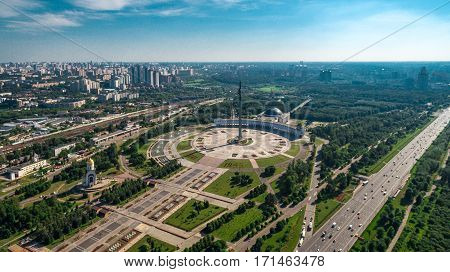 Poklonnaya Hill in Moscow, Russia in aerial view summer