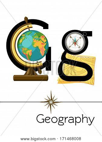Flash card letter G is for Geography. Science alphabet for kids. Puzzle ABC flash cards series. Cartoon vector illustration in flat style.