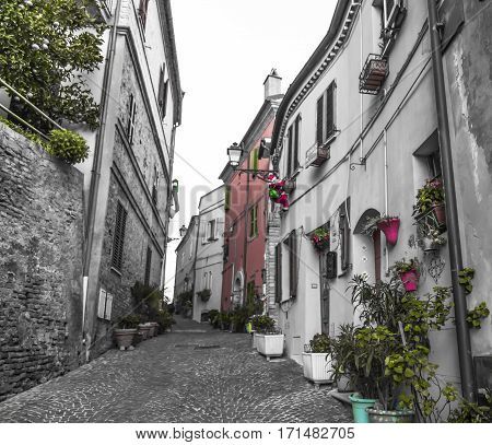Panoramic black and white view from an alley in Grottammare, Marche, Italy