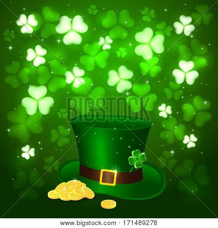Green background of St. Patrick's Day with glittering clovers and golden coins with hat of the leprechaun, illustration.
