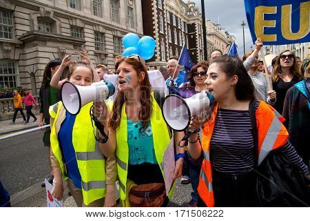 LONDON - July 2nd: Protesters at the march for europe protest on July the 2nd 2016 in London england uk. An estimated 35 thousand attended the march.