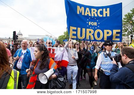 LONDON - July 2nd: Protesters at the march for europe protest on July the 2nd 2016 in London england uk. An estimated 35 thousand attended the march.