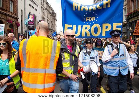 LONDON - July 2nd: Protesters at the march for europe protest on July the 2nd 2016 in London england uk. An estimated 35 thousand attended the march.