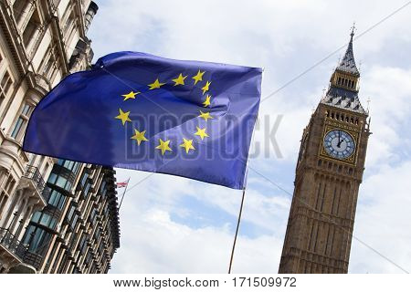 European flag flying outside parliament in London