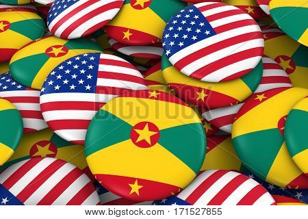Usa And Grenada Badges Background - Pile Of American And Grenadian Flag Buttons 3D Illustration
