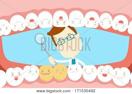 cute cartoon dentist check tooth with decay problem