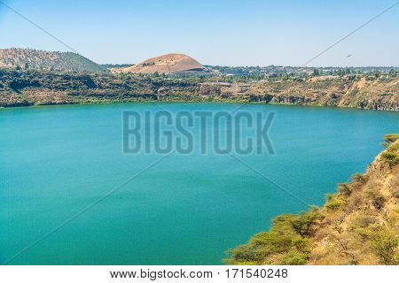 A lake in Africa Etophia. Turquise water and dried land.