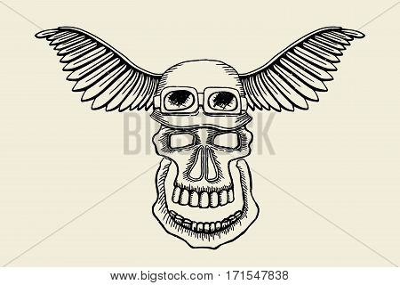Vintage skull grunge biker motorcycle vector label. Skull in helmet with wings illustration