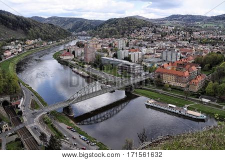 River Labe by the city of Decin with the bridge