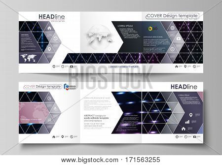Set of business templates for tri fold square design brochures. Leaflet cover, abstract flat layout, easy editable vector. Abstract colorful neon dots, dotted technology background. Glowing particles, led light pattern, futuristic texture, digital vector 