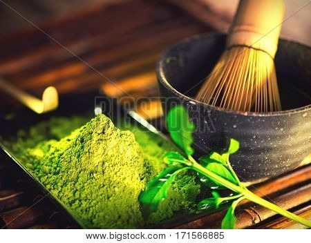 Matcha. Organic Green Matcha Tea ceremony. Matcha powder. Cooking with matcha, recipe