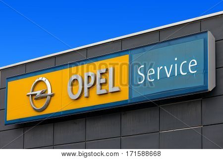 Rome, Italy - February 16, 2017: Opel sign at a local dealership. Opel is a German automobile manufacturer headquartered in Germany, subsidiary of the American group General Motors.