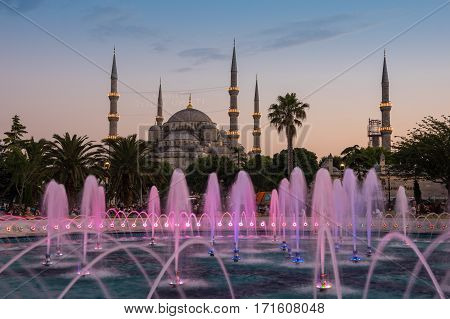 ISTANBUL TURKEY - JUNE 25 2015: Sultan Ahmet Mosque (Turkish: Sultan Ahmet Camii) is a historic mosque in Istanbul Turkey. The mosque is popularly known as the Blue Mosque for the blue tiles adorning the walls of its interior