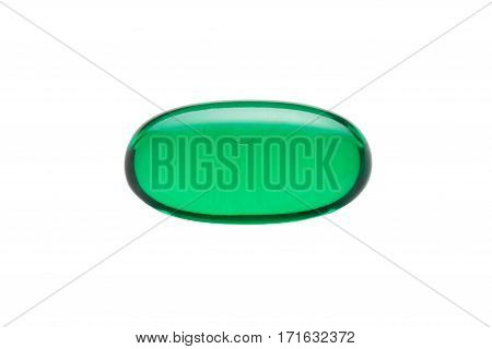 Green gelatin capsule or pill isolated on a white background. Medically themed studio macro with backlighting for extra pop.