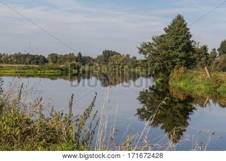 The river Naab on a sunny day in spring next to Schwandorf in Bavaria