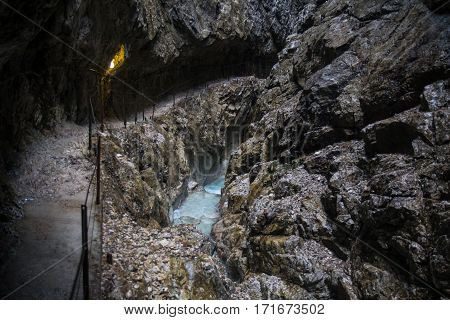 Walking thorugh the Hoellental at the Zugspitze in Germany