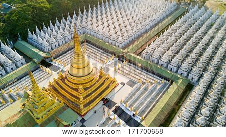 Aerial view of the Kuthodaw Pagoda surrounded by 729 shrines containing the world's biggest book