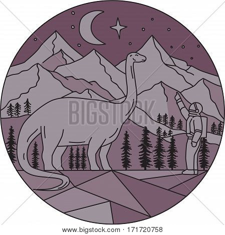 Mono line style illustration of an astronaut pointing to a brontosaurus with mountain moon and stars in the background set inside circle.