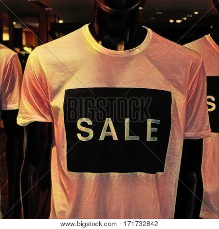 Digital illustration - Black mannequin in t-shirt with large inscription Sale. Retail and mass-market shop discounts. Sales season in summer and winter. Black friday clothes. Shopping mall flyer