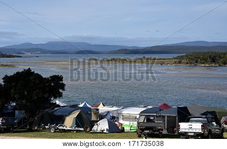 Mallacoota, Australia - Jan 5, 2017. Mallacoota Foreshore Holiday Camping Park. Mallacoota is a small town in the East Gippsland region of Victoria, Australia.
