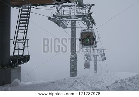 Sochi, Russia - January 21, 2017: Cabin lift 8-seater gondola type in Gorky Gorod