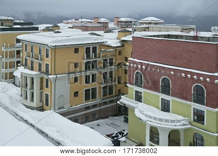 Sochi, Russia - January 21, 2017: Upper Gorky Gorod - all-season resort town 960 meters above sea level in the village of Krasnaya Polyana