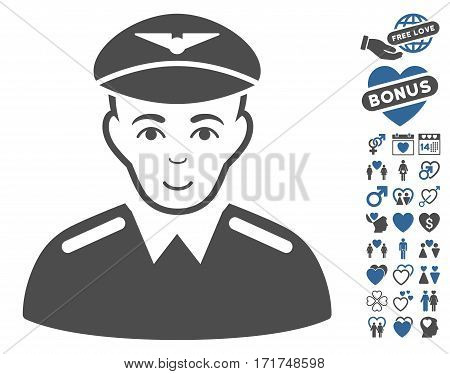 Aviator icon with bonus decorative clip art. Vector illustration style is flat iconic cobalt and gray symbols on white background.