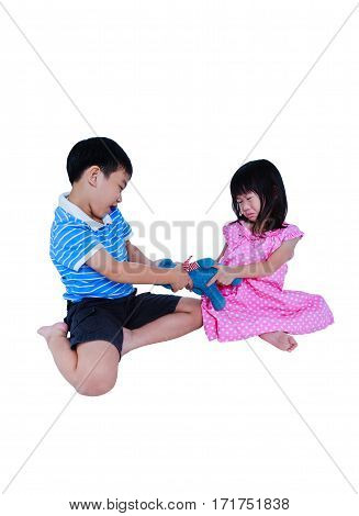 Quarreling Conflict Of Sibling. Concept Brawl In Family. Isolated On White Background.
