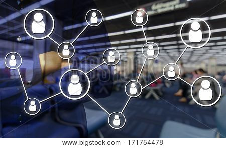 Double exposure of man and cross one's arm and icon social media connection concept with airport blurred background, color tone effect.