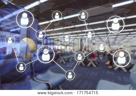 Double exposure of man and cross one's arm and icon social media connection concept with airport blurred background, color tone effect.