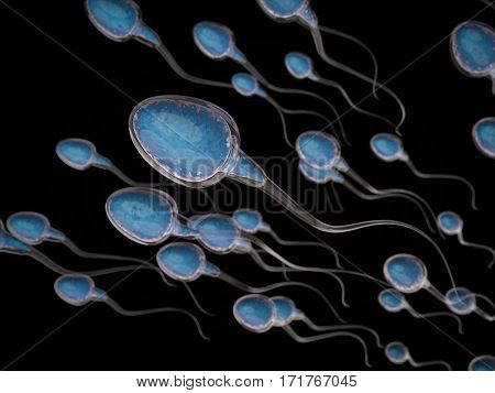 3d rendering group of blue sperms on black background