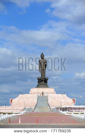 Image Of Buddha Stand Is The Sign Symbol Peace Buddhism And Religion Of Thailand On Blue Sky Cloud B