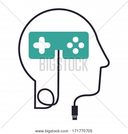 silhouette profile human head with usb connector and control video game vector illustration