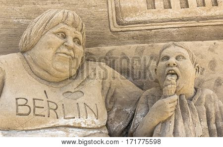 Jesolo Italy July 19 2016: sand sculptures exhibition in Jesolo (VE) ITALY. Theme of the show: the European capitals.