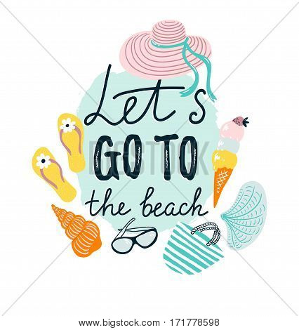 Summer banner with beach accessories. Vector hand drawn illustration with stylish calligraphy 