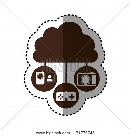 sticker brown cloud in cumulus shape connected to tech device vector illustration