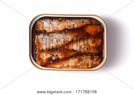 Sardines in tomato sauce on a white background horizontal