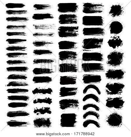 Grunge paint vector. Painted brush strokes. Round text box set. Distress texture backgrounds. Hand drawn banner, label, frame shapes. Black textured design elements. Grungy scratch effect.